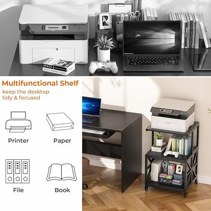 GreenForest Printer Stand with Lockable Wheels, Heavy Duty Printer Table | 3-Tier Storage Shelf, Fit 2-3 Printers/3d/Heat Press/Laser, Rolling Cart for Home Office, Small Spaces, 19.7"x17.7", Black