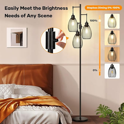 Dimmable Floor Lamp, 3 x 800LM LED Edison Bulbs Included, Farmhouse Industrial Floor Lamp Standing Tree Lamp with Elegant Teardrop Cage Tall Lamps for Living Room Bedroom Office Dining Room-Black
