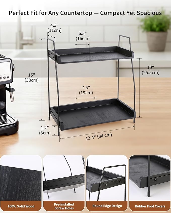Coffee Bar Organizer for Countertop, 2-Tier Coffee Station Organizer with Metal Frame & Wooden Shelves, Coffee Accessories Organizer Rack for Pods, Syrups, Cups & Tea Bags (Black)