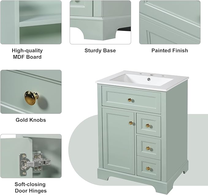 24'' Bathroom Vanity with Sink, MDF & Pinewood Construction, 3 Drawers & Cabinet with 2-Tier Door Storage Rack, Soft-Close Door & Drawers, Modern Design for Small to Medium Bathrooms, Green