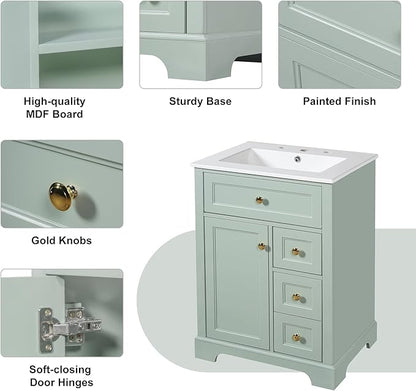24'' Bathroom Vanity with Sink, MDF & Pinewood Construction, 3 Drawers & Cabinet with 2-Tier Door Storage Rack, Soft-Close Door & Drawers, Modern Design for Small to Medium Bathrooms, Green