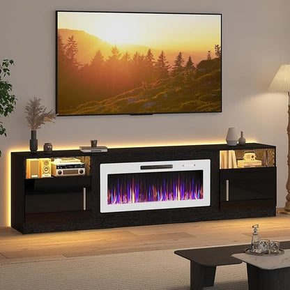 LEMBERI 80 Inch Fireplace TV Stand for TVs up to 90", 36" White Electric Fireplace Entertainment Center with 20-Color LED, 300lbs Max Capacity Modern Wood Media Console Cabinet, Black