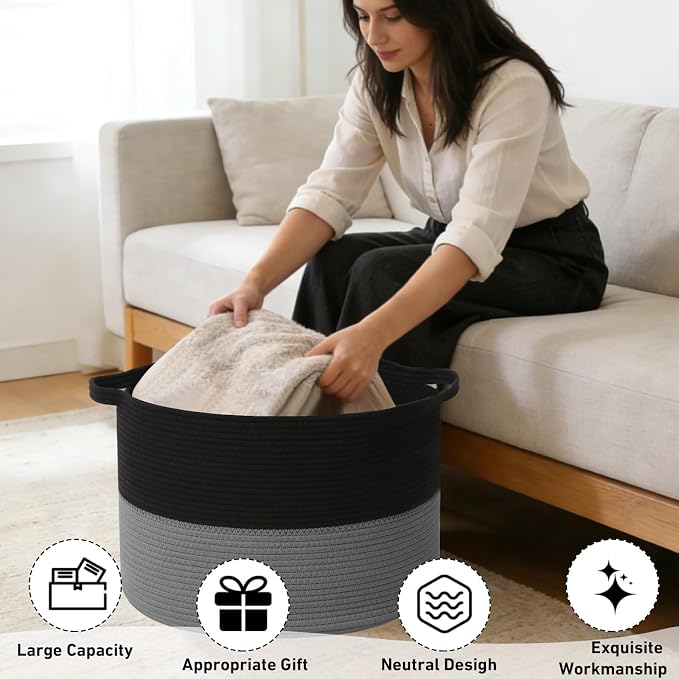 90L Extra Large Blanket Basket,Woven Laundry Basket Hamper with Handles, Decorative Nursery Basket Storage Bin for Toys, Clothes Organizer, Living Room, Bedroom, Bathroom, Black&Dark Grey