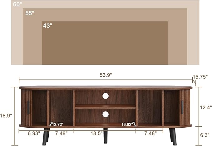 ChooChoo Mid Century Modern TV Stand for TVs up to 60 Inch, Entertainment Center with Fluted Sliding Doors and Hidden Storage, TV Console with Adjustable Shelf for Living Room, Bedroom, Walnut