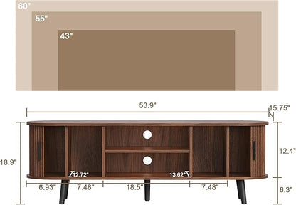 ChooChoo Mid Century Modern TV Stand for TVs up to 60 Inch, Entertainment Center with Fluted Sliding Doors and Hidden Storage, TV Console with Adjustable Shelf for Living Room, Bedroom, Walnut