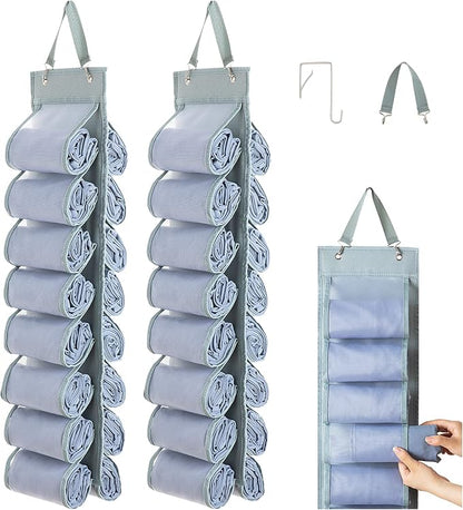 DHSFKBE Legging Organizer Storage - 2PCS T Shirt Organizer, Hanging Closet Organizers and Storage with 16 Roll Independent Compartments for Yoga Pants, Towel, Bathing Suit (Grey)
