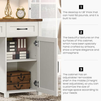 Farmhouse 67" H Executive Desk with Hutch,Office Desks with 5 Drawers, Computer Desk with Storage Cabinet & File Drawers and Charging Station, Wood Workstation for Home Office,Study.(Unique White).
