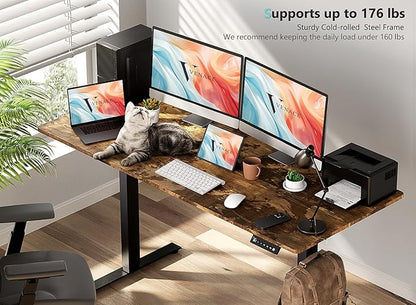 63 x 28 inch Electric Standing Desk Adjustable Height with 4 Wheels, 4 Memory Height Settings, 2 Headphone Hook, for Home Office, Splice Board Brown