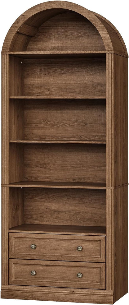 Farmhouse Arched Bookshelf, 7 Tiers Arch Bookcase with 2 Spacious Drawers, Modern Book Shelf with Open Display Shelves and Storage Cabinet, for Office, Living Room, Kitchen, Walnut