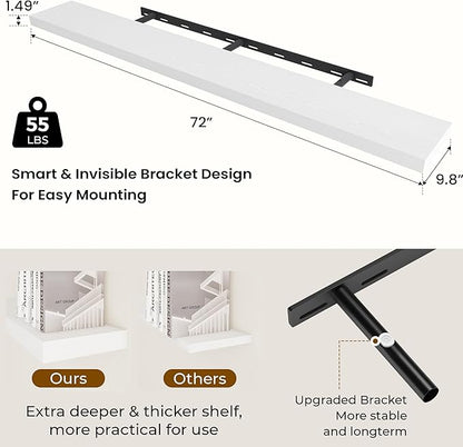Dreamland 72 Inches Floating Shelves for Wall, 9.8" Deep Long Floating Shelves Set of 2, Large Display & Storage Shelf, Wall Shelf for Bathroom Bedroom Living Room Kitchen Office, White