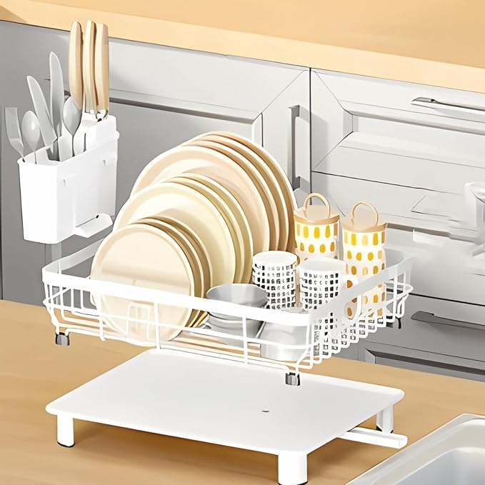 Small Dish Drying Rack, Space Saving Dish Racks for Kitchen Counter, Kitchen Organizer Dish Drainer with Cutlery Holder for Spoons and Forks, 11''W x 15''L, White