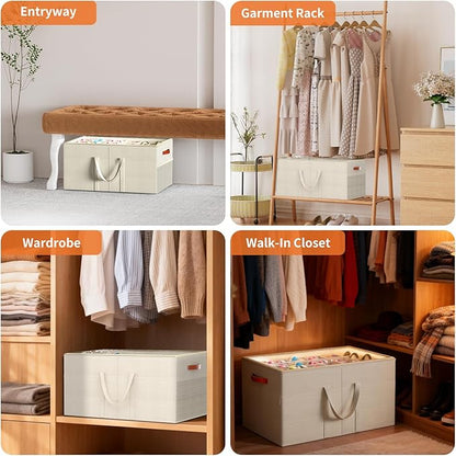 Aokeyee Shoe Organizer for Closet, 2 Pack Large Shoe Storage Box Fits up to 24-48 Pairs, Space Saving Foldable Shoes Organizer Bin w/Clear Cover and 4 Reinforced Handles, Beige