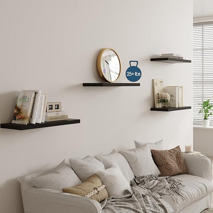 JPND Wall Shelf Set of 2, Black Floating Shelves 24 in W x 10 in D x 1 in H, Wooden Floating Wall Shelf with Invisible Brackets for Living Room/Bedroom/Bathroom/Kitchen Storage and Decor