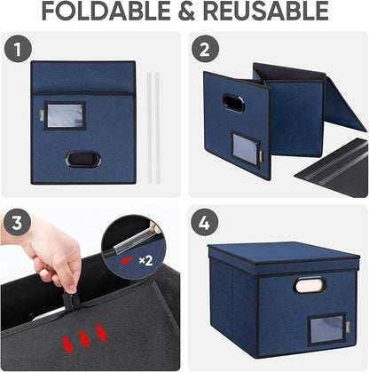 BALEINE File Organizer Box with Lid, Collapsible File Folder Organizer with Plastic Slide, Hanging File Folder Box for Office Document Storage (Tab Friendly, 1 Pack, Blue)