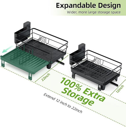 TOOLF Extendable Dish Drying Rack, Multifunction Dish Rack for Kitchen Counter, Large Expandable Dish Drainer,Dryer Rack with Drainboard & Utensil Holder, Black