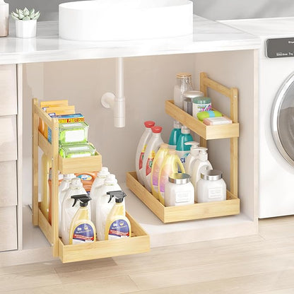 Under Sink Organizer - 1-Tier Pull Out Cabinet Organizer Vertical Slide Out Sink Shelf Storage Shelves for Multi-Purpose Bath Kitchen Bathroom Medicine (Nature, 1 Pack)