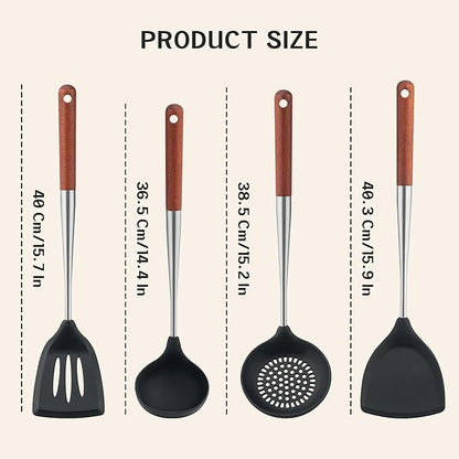 FJNATINH Silicone Spatula - Turner - Ladle - Skimmer Set Wok Utensil Set,Stainless Steel Non Stick Heat-Resistant Cooking Utensils BPA Free Kitchen Tools Cookware Wooden Handle, Pack of 4