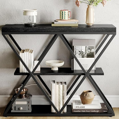 Garvee 3-Tier Entryway Table, Industrial Console Sofa Table with Storage, Accent Table with Open Shelves, X-Shaped Metal Frame, Foyer Table for Entryway, Hallway, Black