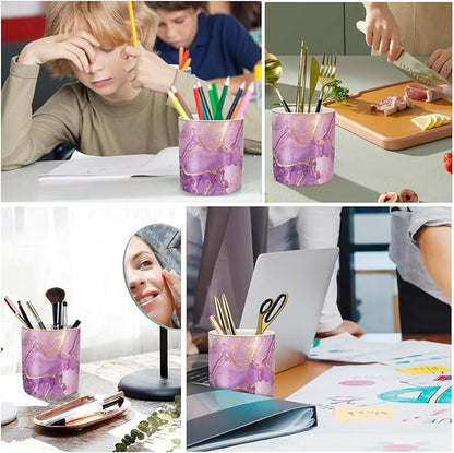 WAVEYU Pen Holder for Desk, Cute Ceramic Pencil Holder, Pen Cup Marker Holder Makeup Brush Holders, Desk Accessories & Workspace Organizers for Home, Office, Purple Marble