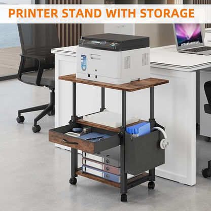 YAOHUOO 22"x15" Large Printer Stand with Drawer, 3-Tier Rolling Table Cart | Storage Drawer and Side Bag,Height Adjustable Cart,Fit printer/fax/3d/scanner,4 lock wheels or feet,Home Office,Rustic Brown