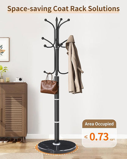 EZIVIEZ Modern Coat Rack Stand, Metal Freestanding Coat Rack with Natural Marble Base, Heavy-Duty Coat Racks with 12 Hooks,Black Coat Hanger Tree Stand for Office, Entryway, Hallway