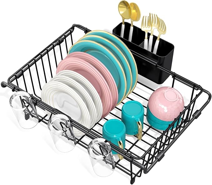 Urackify Dish Drying Rack in Sink, Stainless Steel Expandable Over the Sink Dish Rack with Utensil Holder & Cup Holder, Kitchen Drying Rack for Inside Sink, 15.35" x 11.02" x 4.84", Black