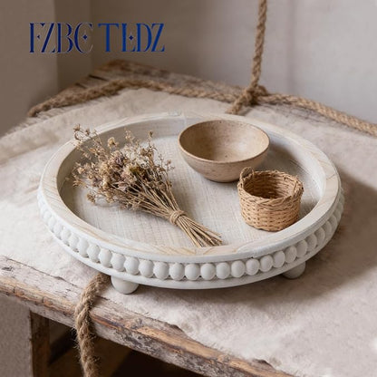 Decorative Coffee Table Tray, 12 Inch White Washed Wooden Beaded Tray with Removable Legs, Rustic Farmhouse Centerpiece Tray for Living Room, Kitchen Counter Decor