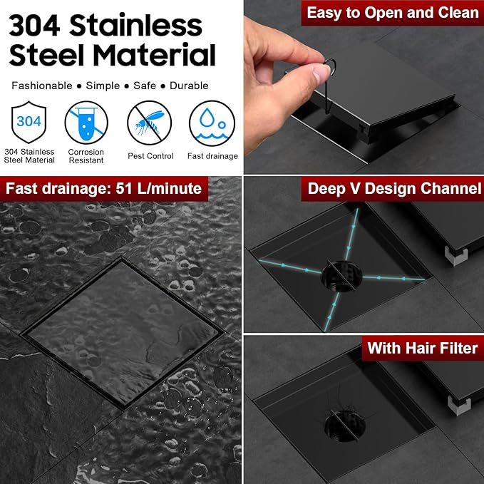 DLONE Square Shower Drain | 6 Inch AISI 304 Stainless Steel Shower Drain with Tile Insert Panel, Matte Black Shower Floor Drain in Bathroom, Balcony etc