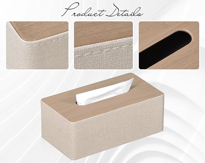 GOLRANLYE Tissue Box Cover Rectangular 9.8"(L) x 5.3"(W) x 4.3"(H) Refined Modern PU Leather Facial Tissue Dispenser Box Holder for Dresser Bathroom Decorative (Beige)