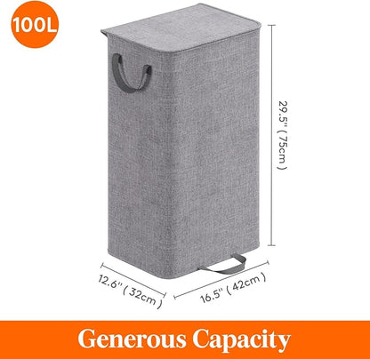Lifewit Laundry Hamper with Lid and Removable Laundry Bag, Large Collapsible 1 Divider Dirty Clothes Basket with Handles for Bedroom, Laundry Room, Closet, Bathroom, College, 100L Gray