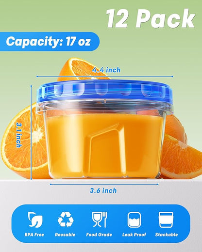 12 Pack-17oz Freezer Storage Containers, Plastic Food Storage Containers with Twist Top Lids, BPA Free and Reusable Soup Containers with Lid, Microwave and Dishwasher Safe