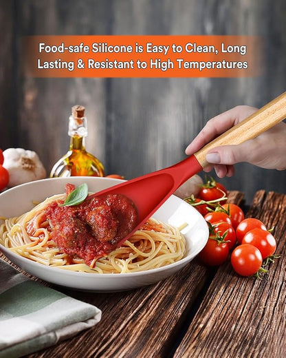Multifunction Spoon for Nonstick Cookwares, Great for Cooking and Serving, Sturdy BPA-Free Matte Silicone, Wood Handle spoonula for Mixing, Scoop, and Scrape, Red(2 pack,11.4" & 13.4")