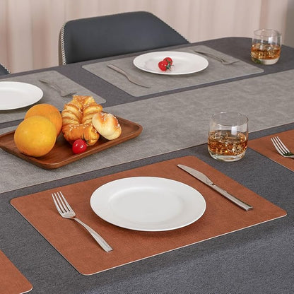 Myir JUN Reversible Vinyl Placemats Set of 4, Faux Leather Place Mats Dual Sided Waterproof Wipeable, Heat-Resistant Table Mats for Kitchen Dining Indoor Outdoor (12" x 17", Light Gray Reddish Brown)