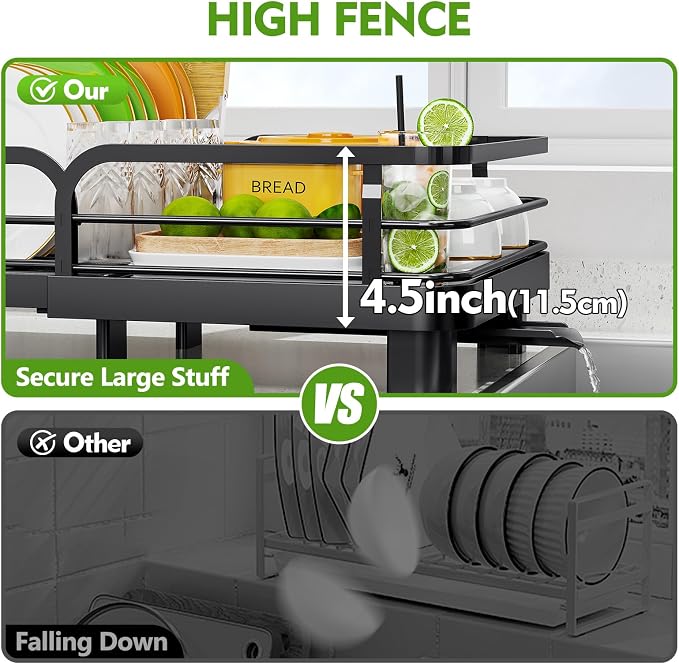 TOOLF Dish Drying Rack, Expandable Dish Racks for Kitchen Counter, Stainless Steel Dish Drainer with Drainboard Set & Cutlery Holder, Rust-Proof, 13.7“-20.5”L x 12.8“W, Black