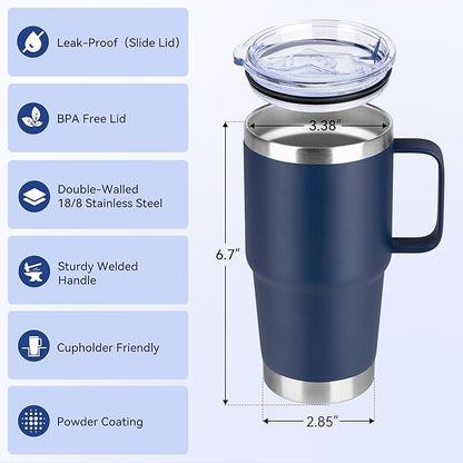 20oz Tumbler Bulk with Lid, Stainless Steel Tumbler Bulk with Handle, Metal Insulated Travel Coffee Mug Set with Handle, Double Wall Vacuum Leak Proof Tumbler Cup, Navy 12 Pack