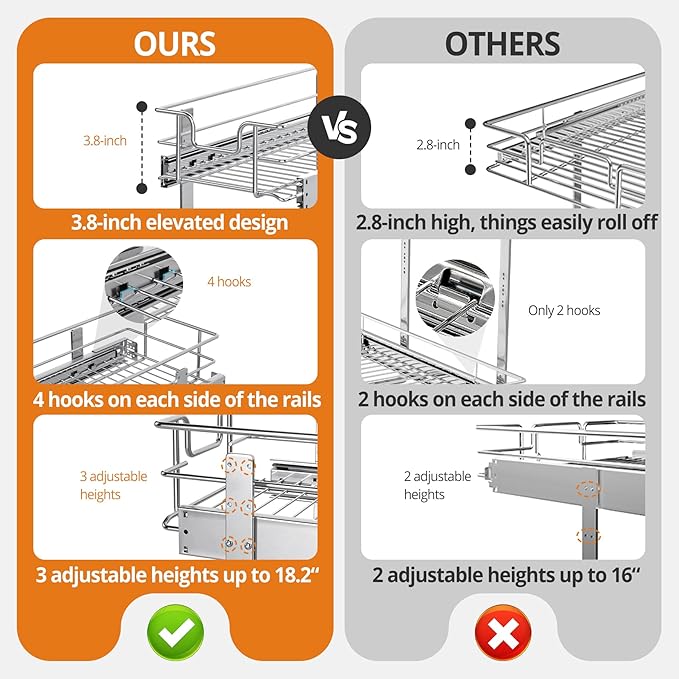 ZOINLIY Pull Out Cabinet Organizer, Versatile Slide Out Kitchen Organizers and Storage,Heavy Duty Drawer Cupboard Storage Basket, Smooth Sliding, Chrome Finish (2-Tiers-17¾''W×22“D)