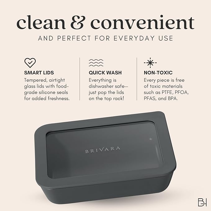 BRIVARA HOME Ceramic Coated Glass Food Storage Container | No PTFE, PFOA, PFAS, and BPA | Reusable Non Toxic Meal Prep Container with Glass Lid | Easy To Store | 8 Cup Square [Onyx]