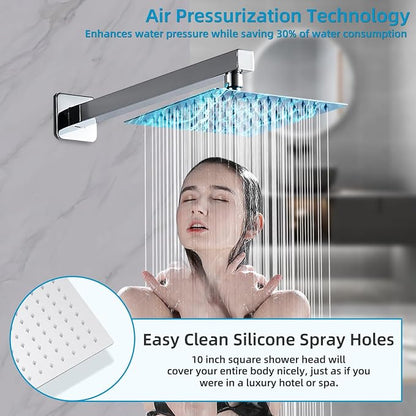 Chrome Shower Faucet Set with Tub Spout 10 Inch, Shower Head and Handle Set with 2 Hooks, Tub and Shower Faucet Combo, Rain Shower and Handheld Shower System Square Wall Mount for Bathroom