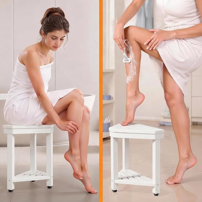 Shower Foot Rest 15 in, Acacia Shower Stool for Shaving Legs,Corner Bath Shower Bench with Starage Shelf for Inside Small Shower Spaces - White