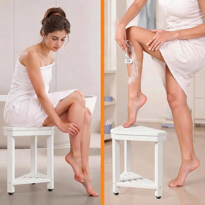 Shower Foot Rest 15 in, Acacia Shower Stool for Shaving Legs,Corner Bath Shower Bench with Starage Shelf for Inside Small Shower Spaces - White