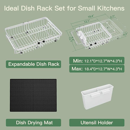 MAJALiS White Dish Drying Rack Over The Sink with Utensil Holder, Mat | Expandable Stainless Steel Dish Drainer for Small Kitchen, Apartment, RV, Counter Space Saving, Perfect Fit, Rustproof