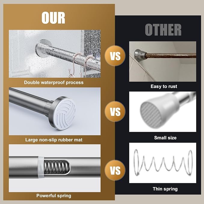 Ausemku Shower Curtain Rod 32-65 Inch Adjustable - 1 Inch Diameter Heavy Duty No drill Spring Tension Shower Rod, Non-Slip Rustproof Telescopic Rod for Bathroom, Nickel