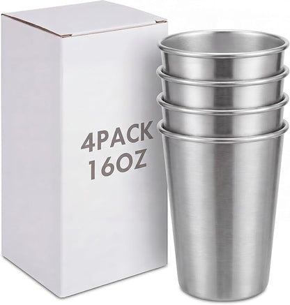 Mimorou 4 Pack 16 oz Stainless Steel Pint Cups Metal Cups Unbreakable Drinking Water Tumblers Stackable Tumbler for Adults Bar Home Restaurant Travel Picnic Camping Outdoor (Silver)