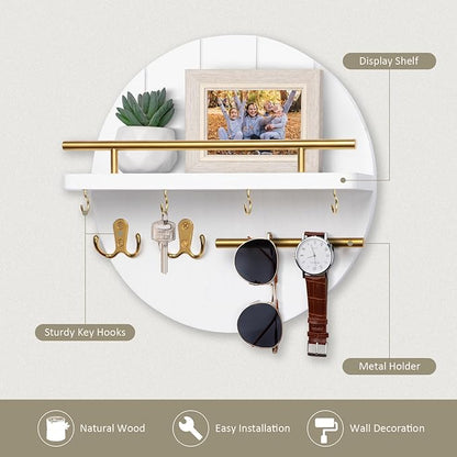 Nekon Key Holder Wall Mount, 11.8 Inch Rack With Shelf and 6 Hooks, Rustic Mail Organizer, Circular Wooden Hanger for Entryway Hallway Kitchen (White&Gold)