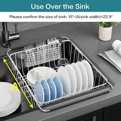 Large Dish Drying Rack in Sink Expandable, Adjustable304 Stainless Steel Metal Dish DrainerRack Organizer with Stainless Steel Utensil Holder Over Inside Sink Counter, Rustproof