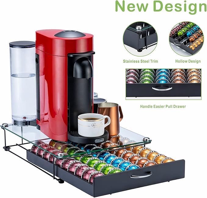 FlagShip for Vertuo Pod Holder Coffee Pod Organizer for Nespresso Pod Storage Glass Top(50 Pods Capacity)