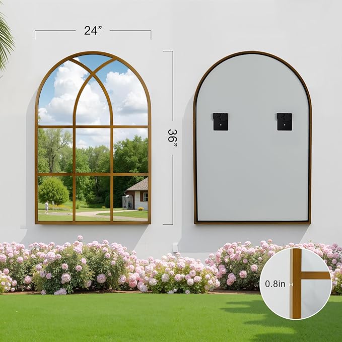 Arched Window pane Wall Mirror 24"x36", Window Shaped Farmhouse Style with Aluminum Frame, Decorative Wall Mirror Leaning Hanging for Living Room, Courtyard, Bedroom, Entryway, Bronze