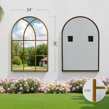 Arched Window pane Wall Mirror 24"x36", Window Shaped Farmhouse Style with Aluminum Frame, Decorative Wall Mirror Leaning Hanging for Living Room, Courtyard, Bedroom, Entryway, Bronze