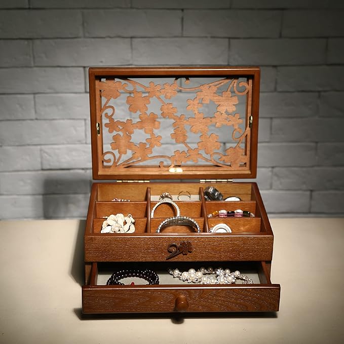 Changsuo Wooden Jewelry Box for Women with, Drawers, Small Jewelry Storage Organizer