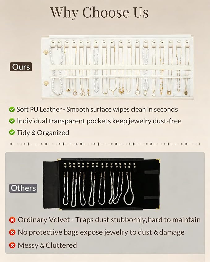 Lolalet Travel Necklace Organizer, Tangle-Free Necklace Case for Travel, Foldable Roll Up Jewelry Storage Bag for Necklaces Chains Bracelets, Beige, 18 Slots Holder